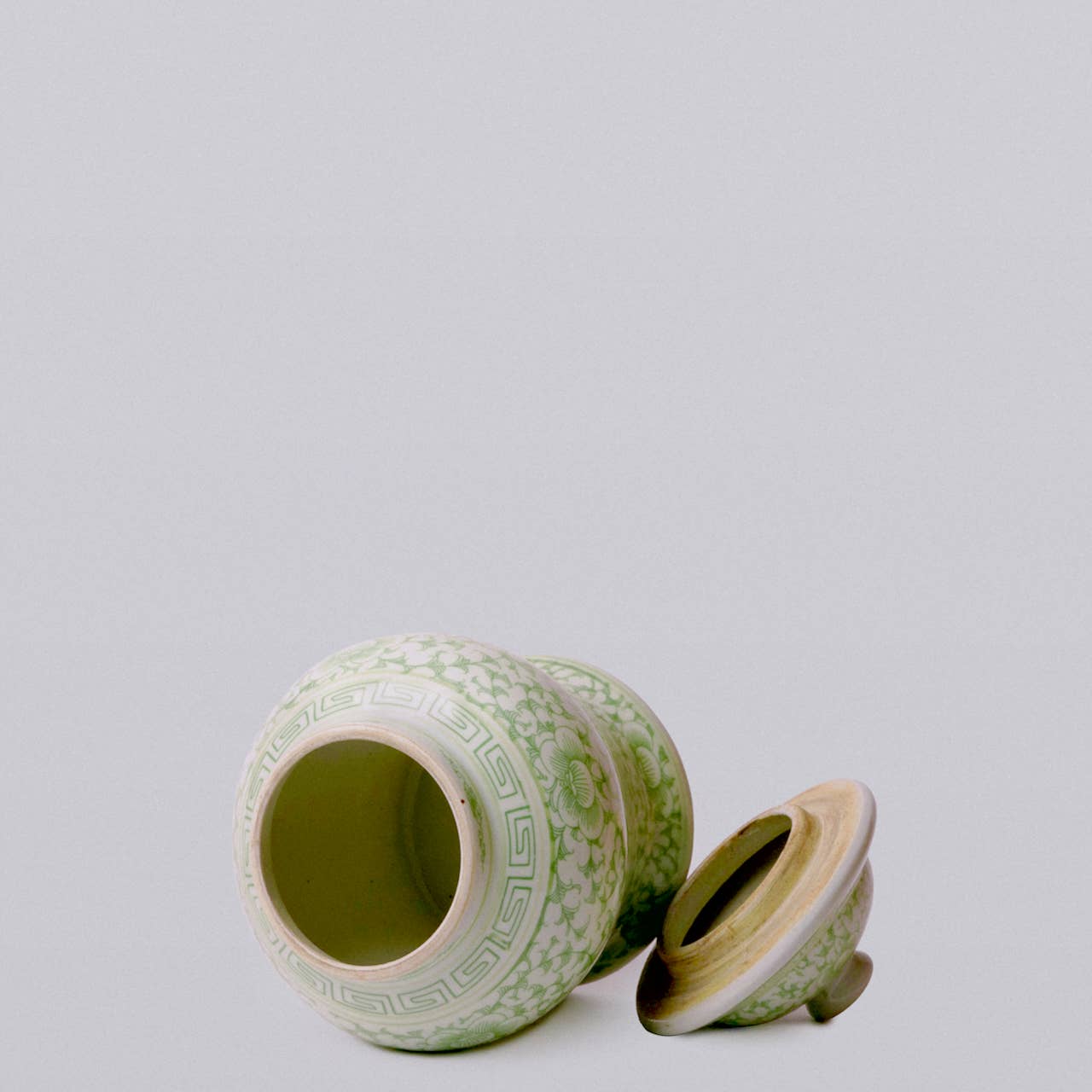 Medium Green and White Porcelain Scrolling Peony Temple Jar
