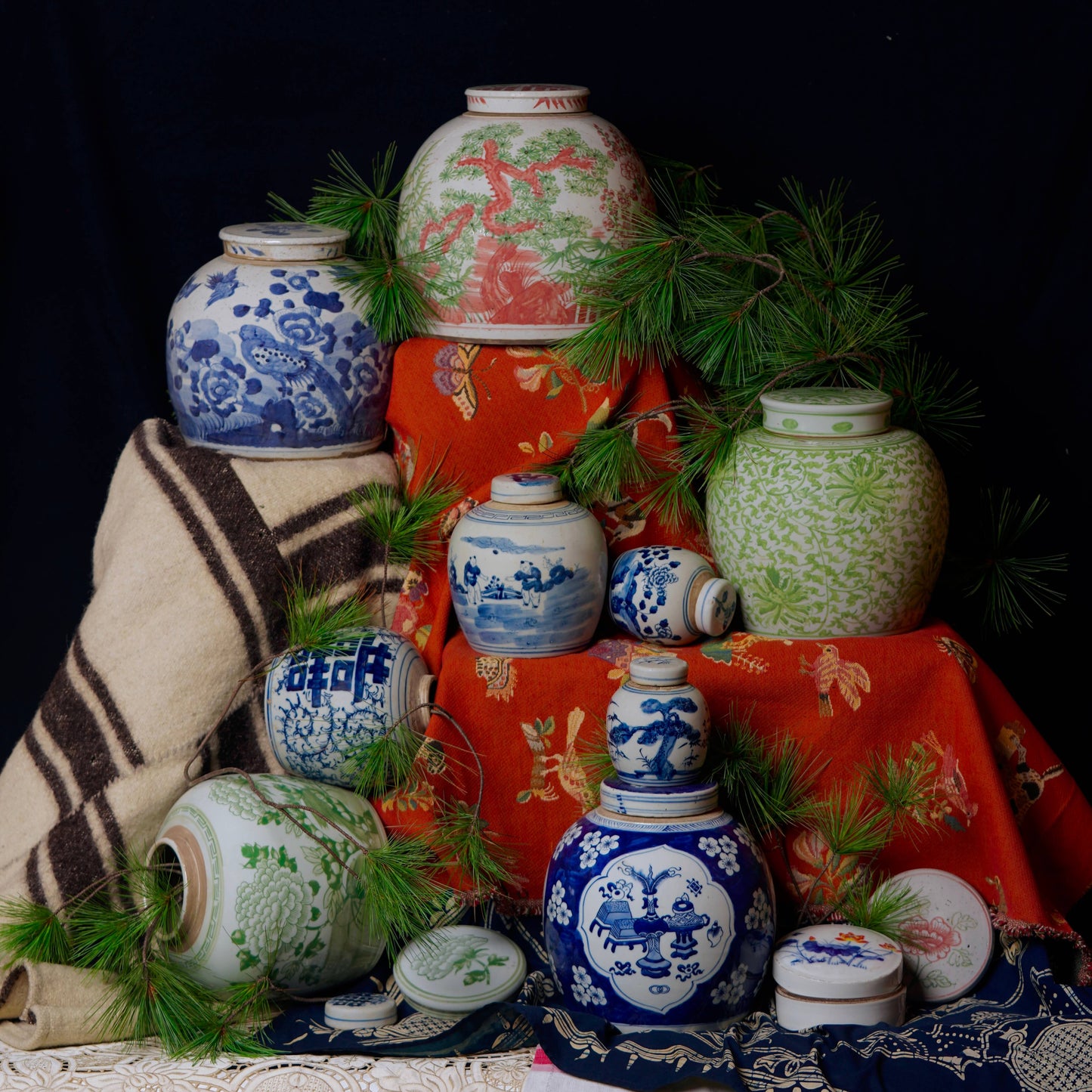 Peony Landscape Green and White Porcelain Jar
