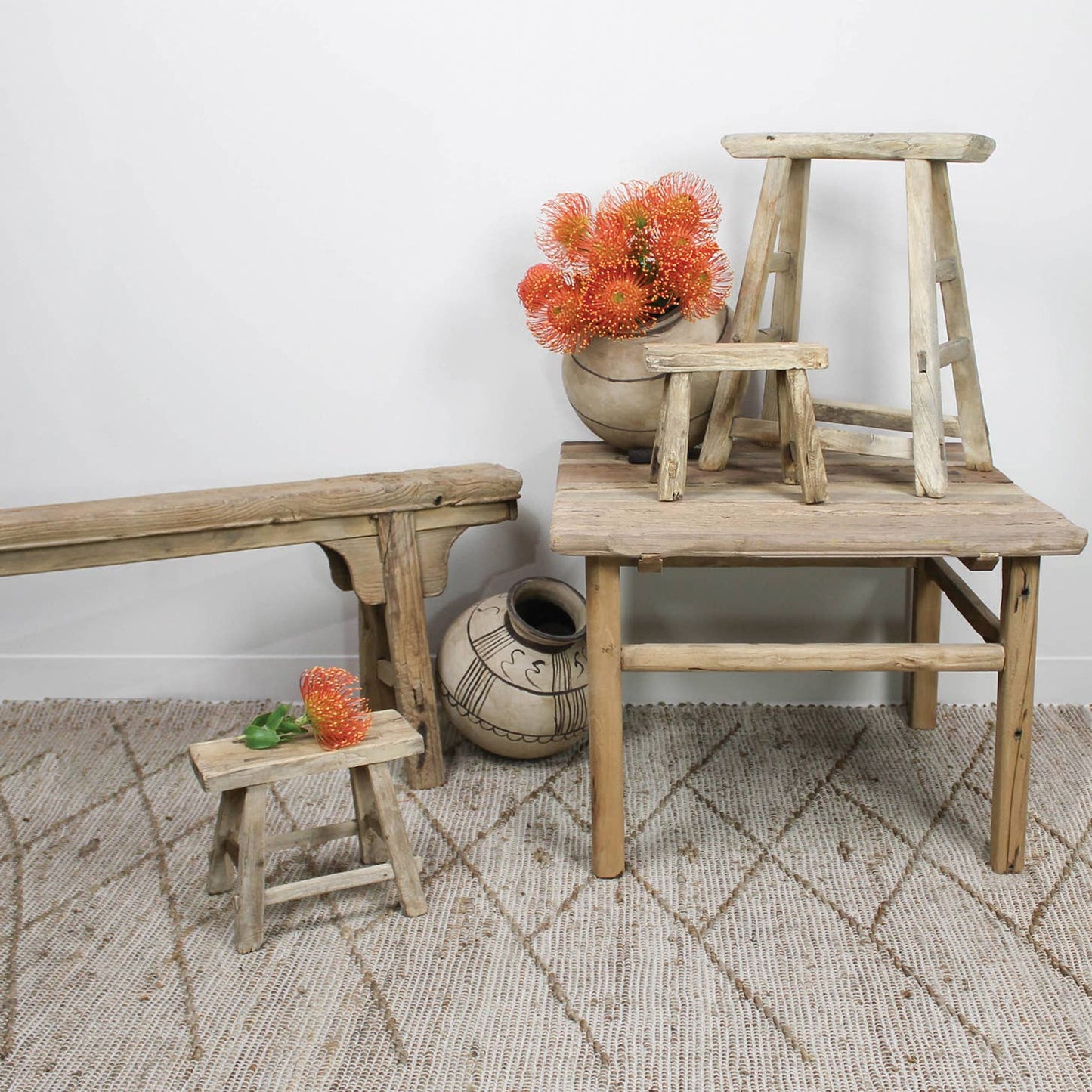 Hokkaido Rectangle Stool, Elm Wood