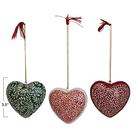 3-1/2"H Hand-Painted Paper Mache Heart Ornament