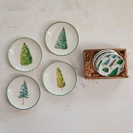 Hand-Painted Stoneware Plate w/ Evergreens