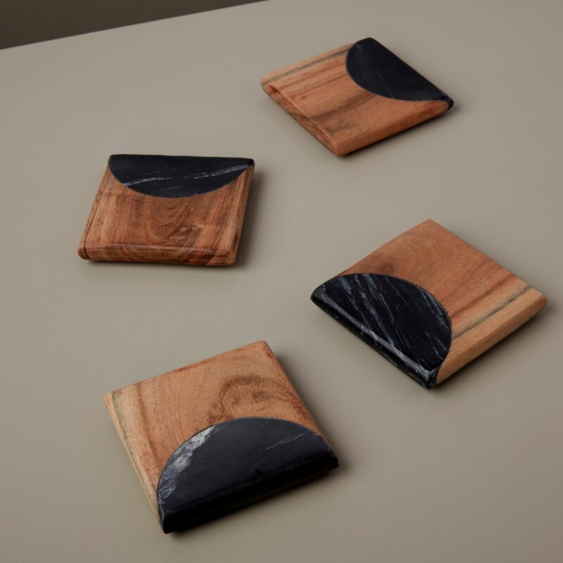 Marine Black Marble & Acacia Coasters Set of 4