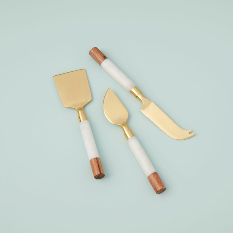 White Marble & Acacia Gold Cheese Set