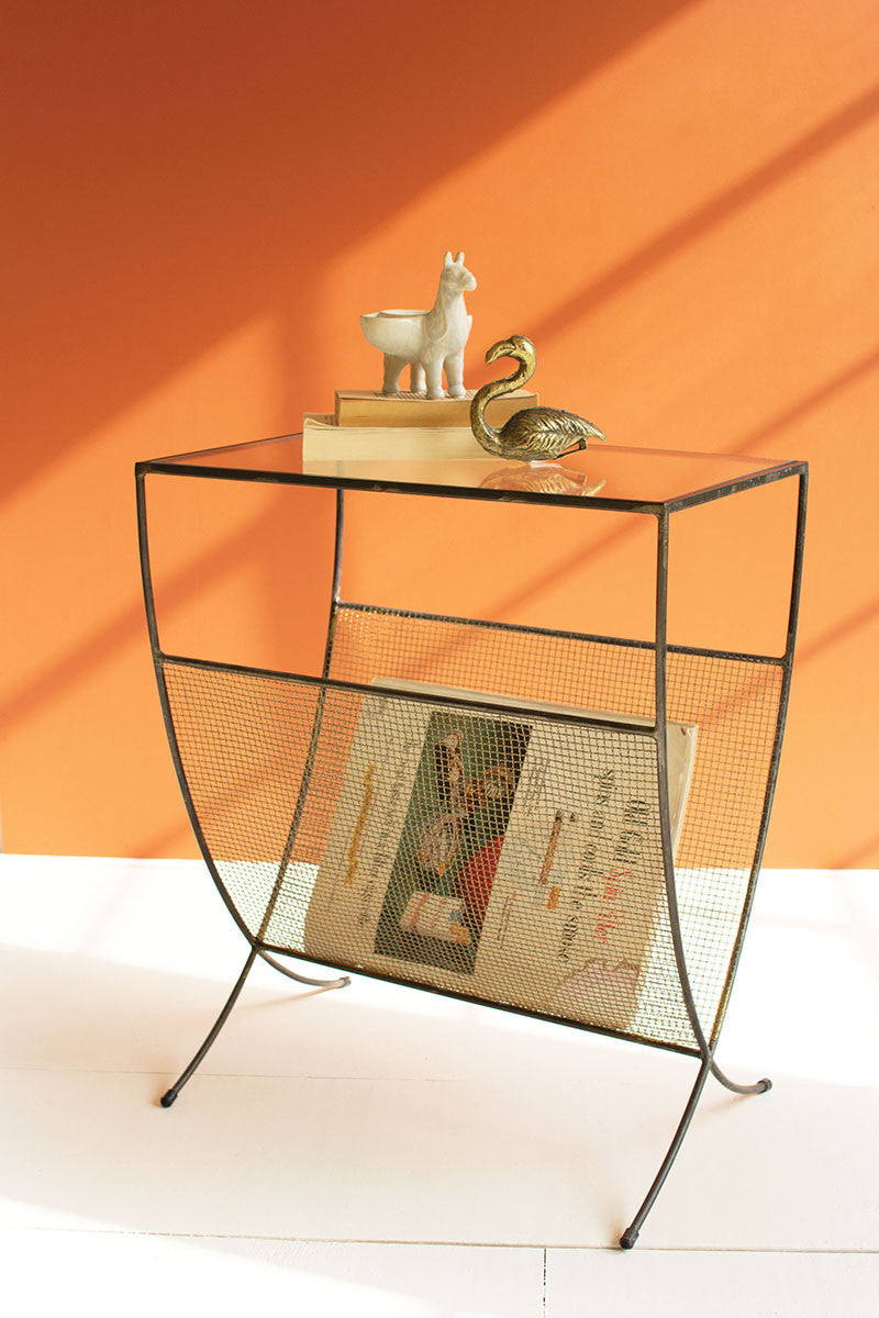 Metal magazine table with glass top