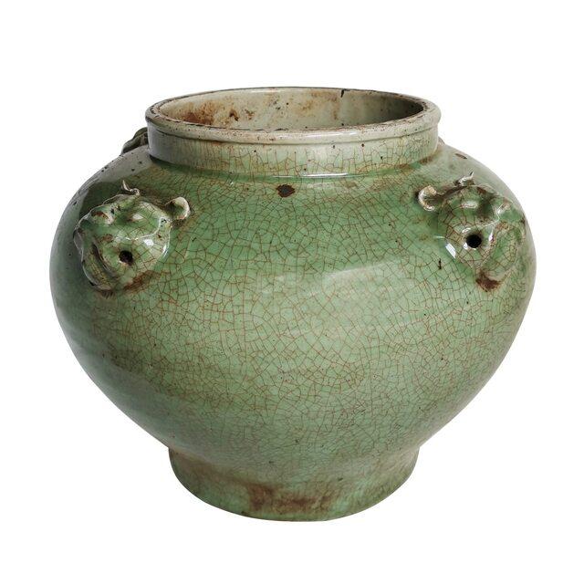 Four Lion Head Handle Jar Celadon Crackle