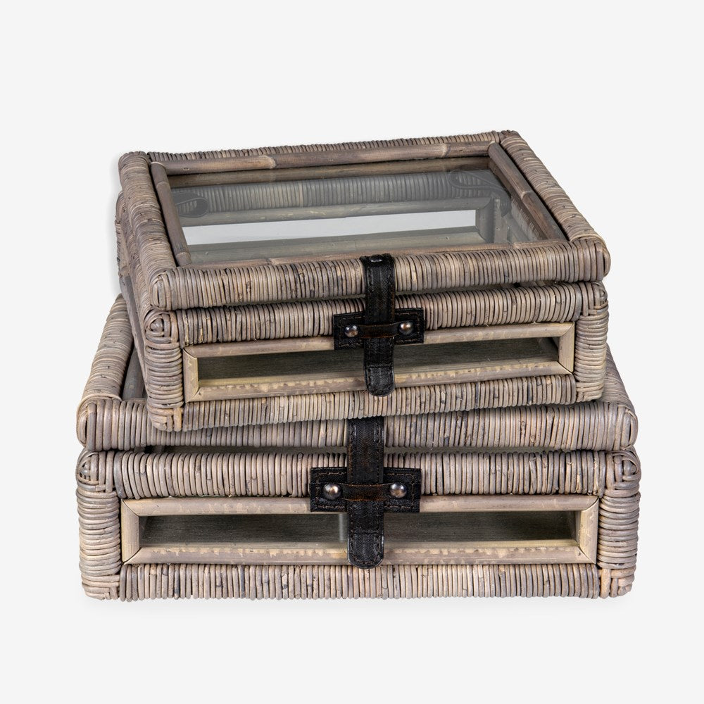 Glass and Rattan Display Boxes - Set of 2
