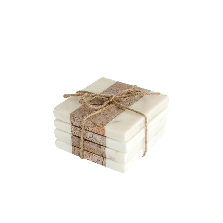 White Marble & Wood Square Coasters - Set of 4