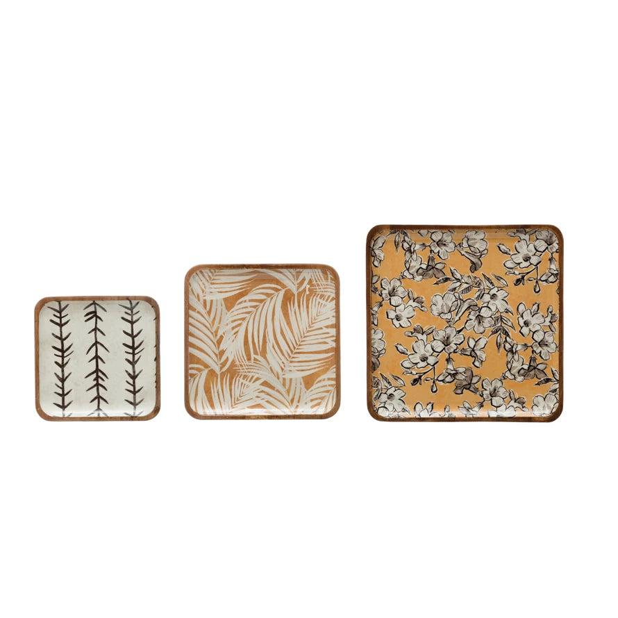 Acacia Wood Trays w/Print - Set of 3