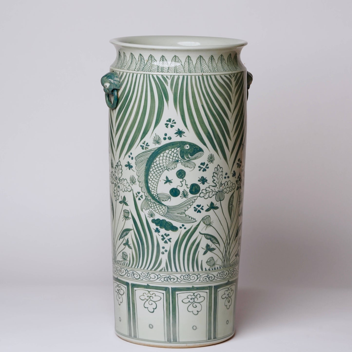 Tall Green and White River Fish Porcelain Umbrella Stand