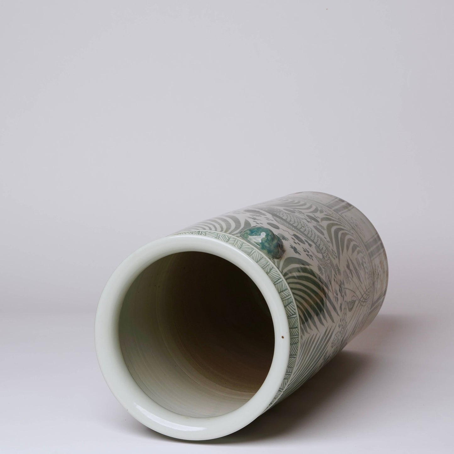 Tall Green and White River Fish Porcelain Umbrella Stand