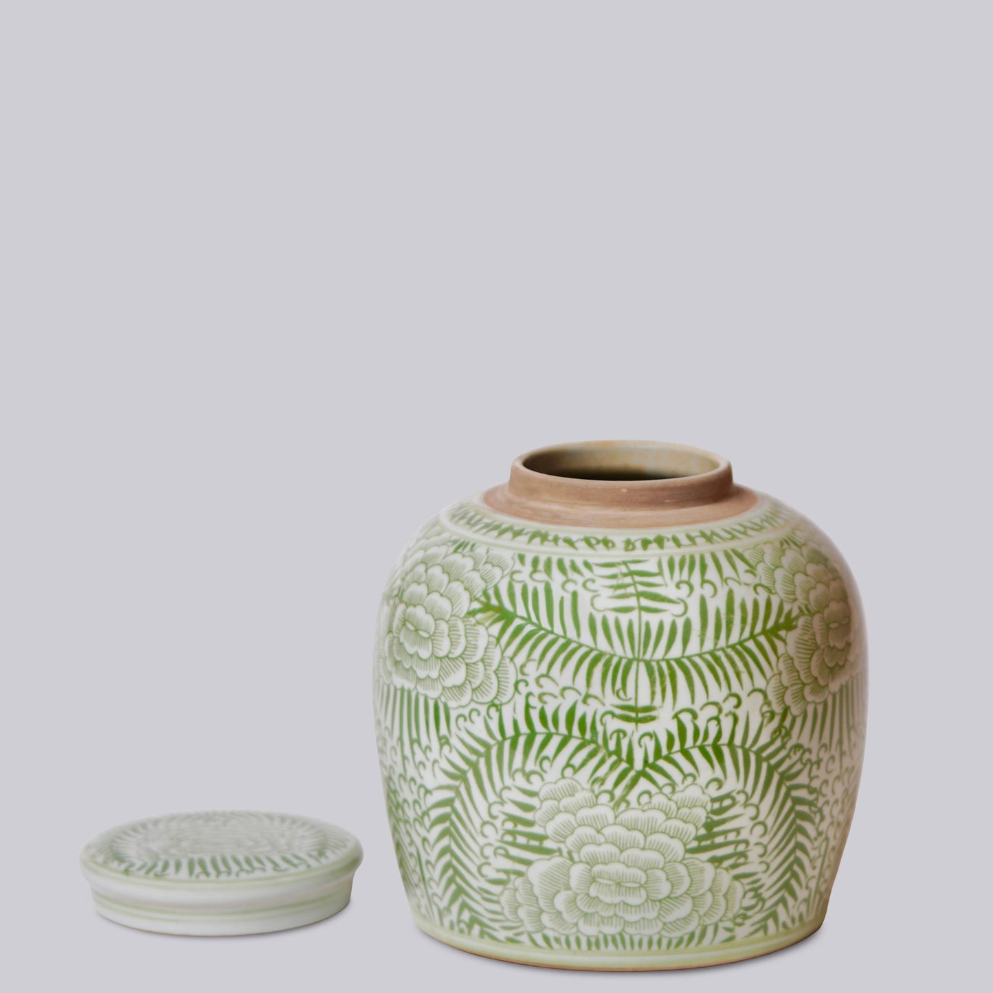 Rustic Peony Green and White Porcelain Jar