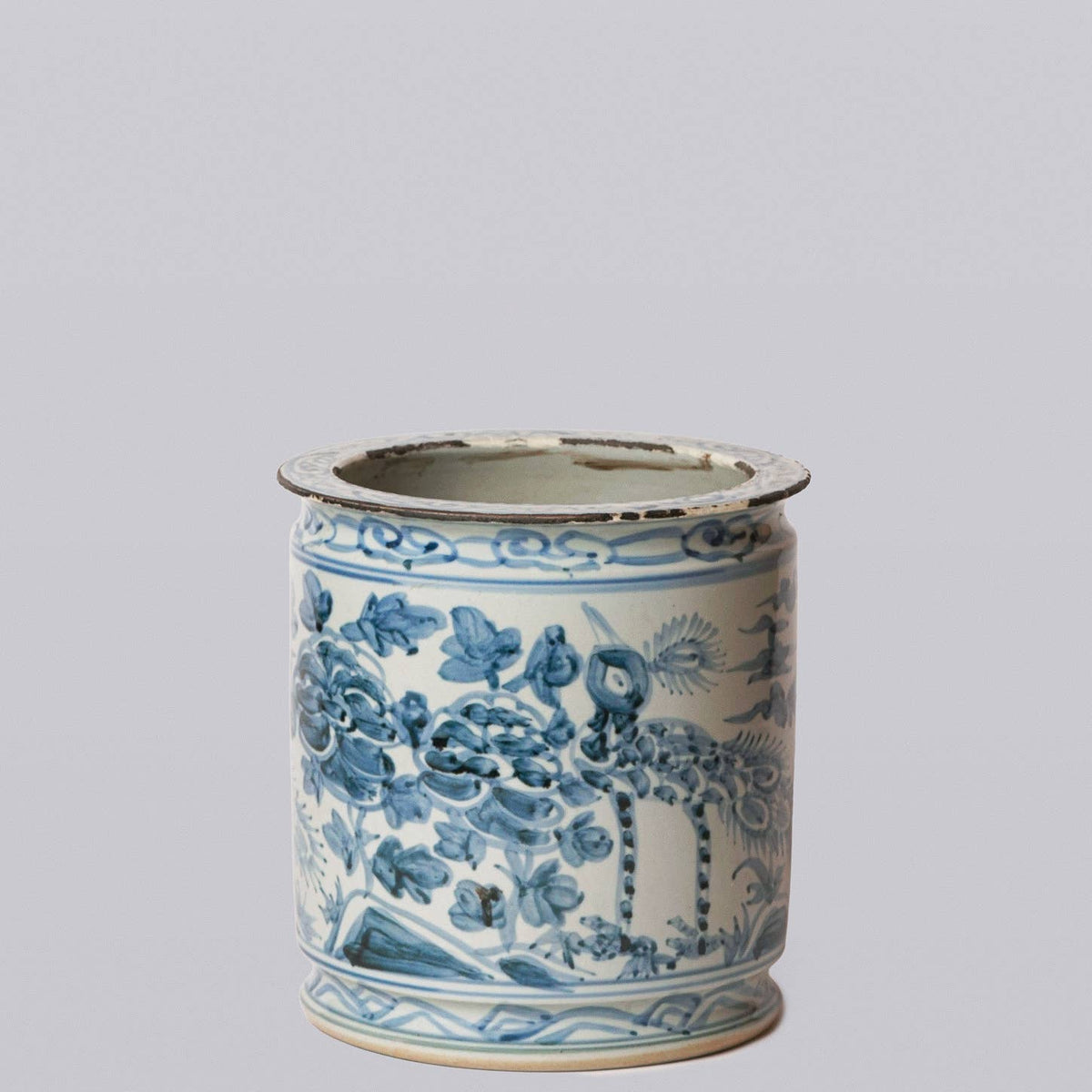 Rustic Peacock Blue and White Porcelain Cachepot