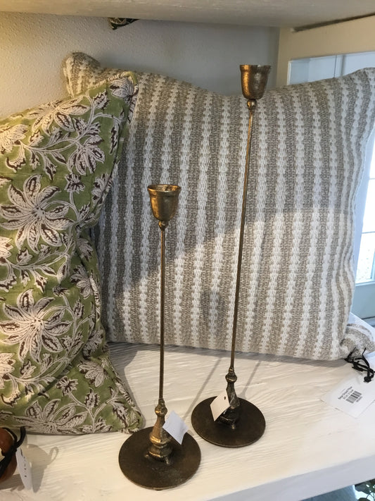 Tall Antique Brass Taper Candle Holders S/2