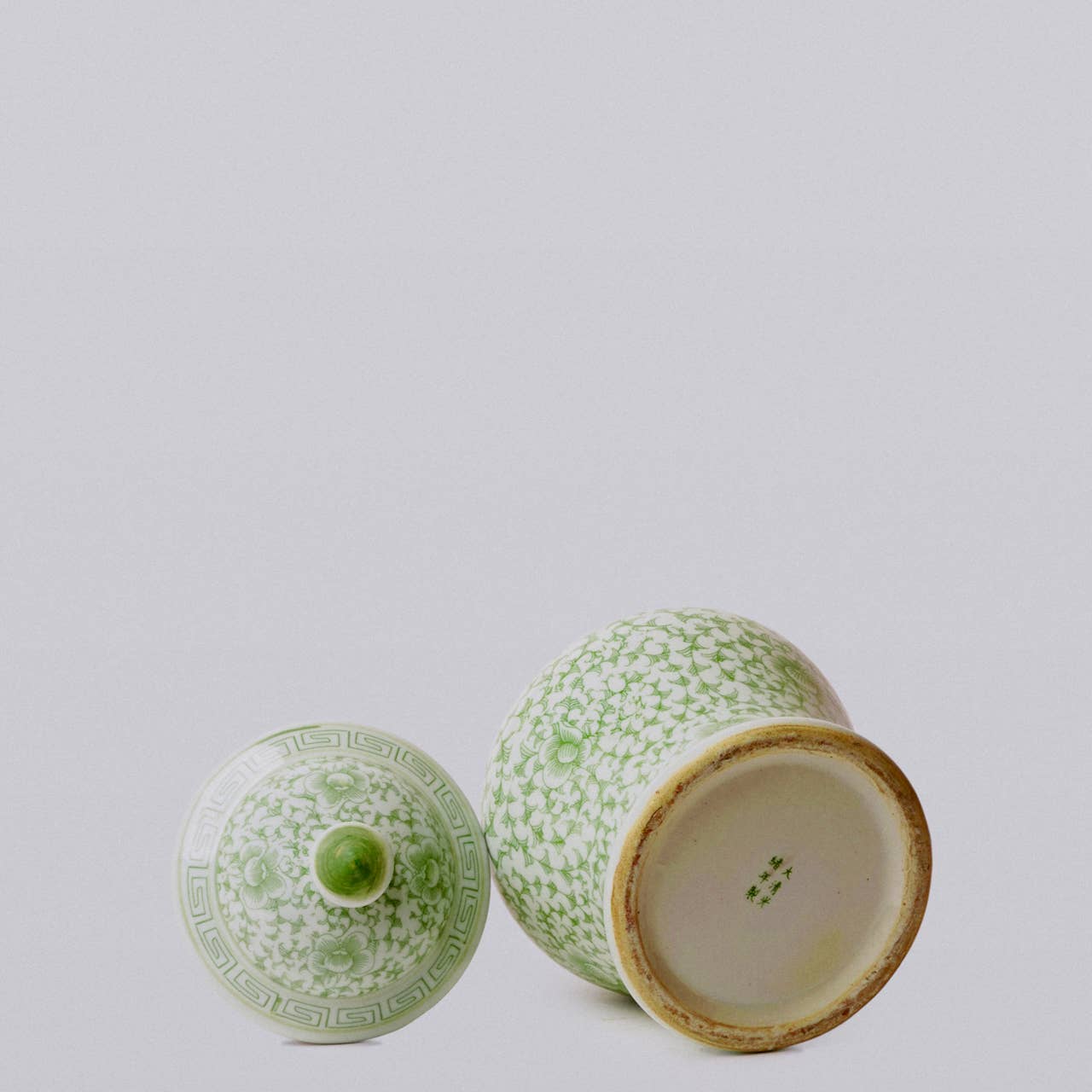 Medium Green and White Porcelain Scrolling Peony Temple Jar