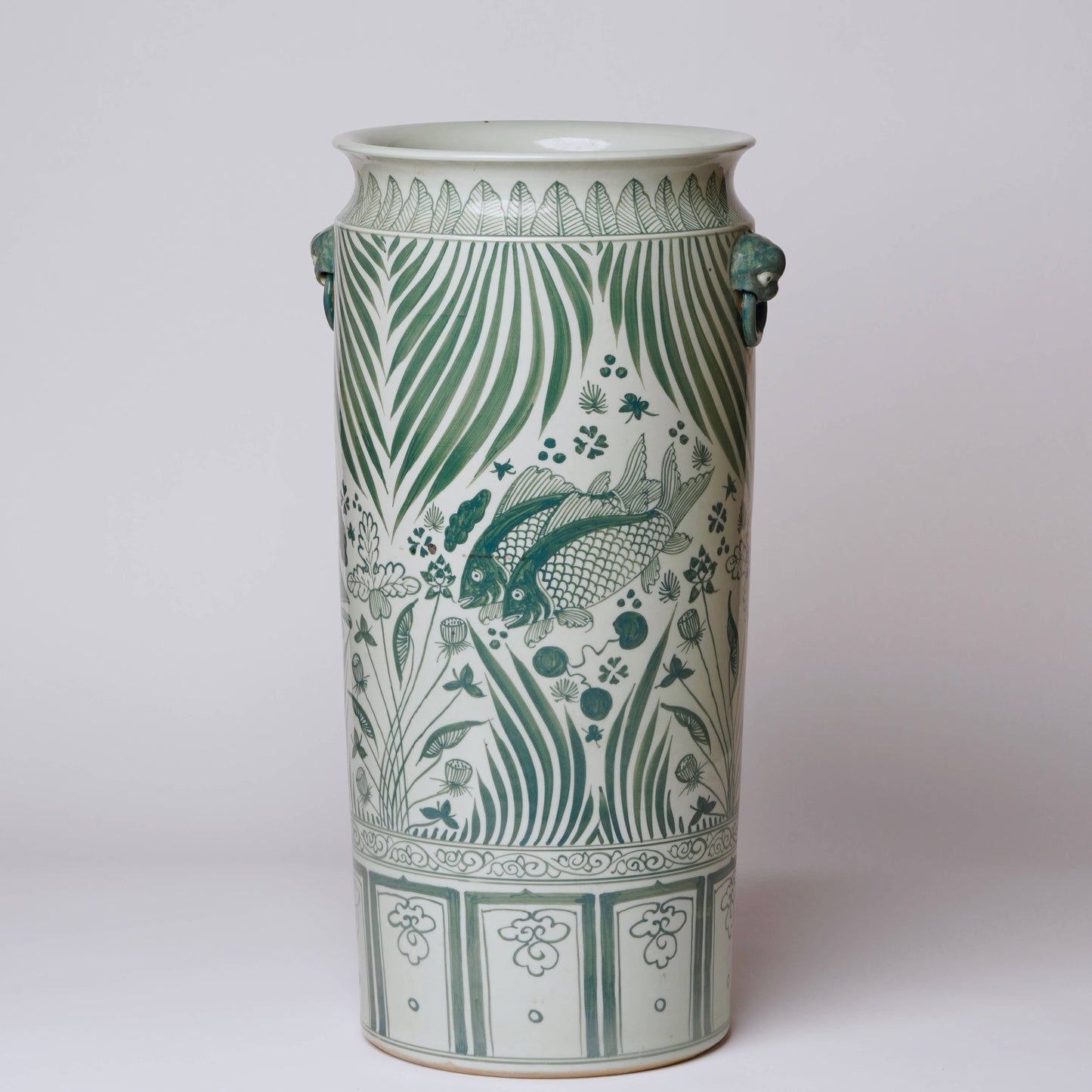 Tall Green and White River Fish Porcelain Umbrella Stand