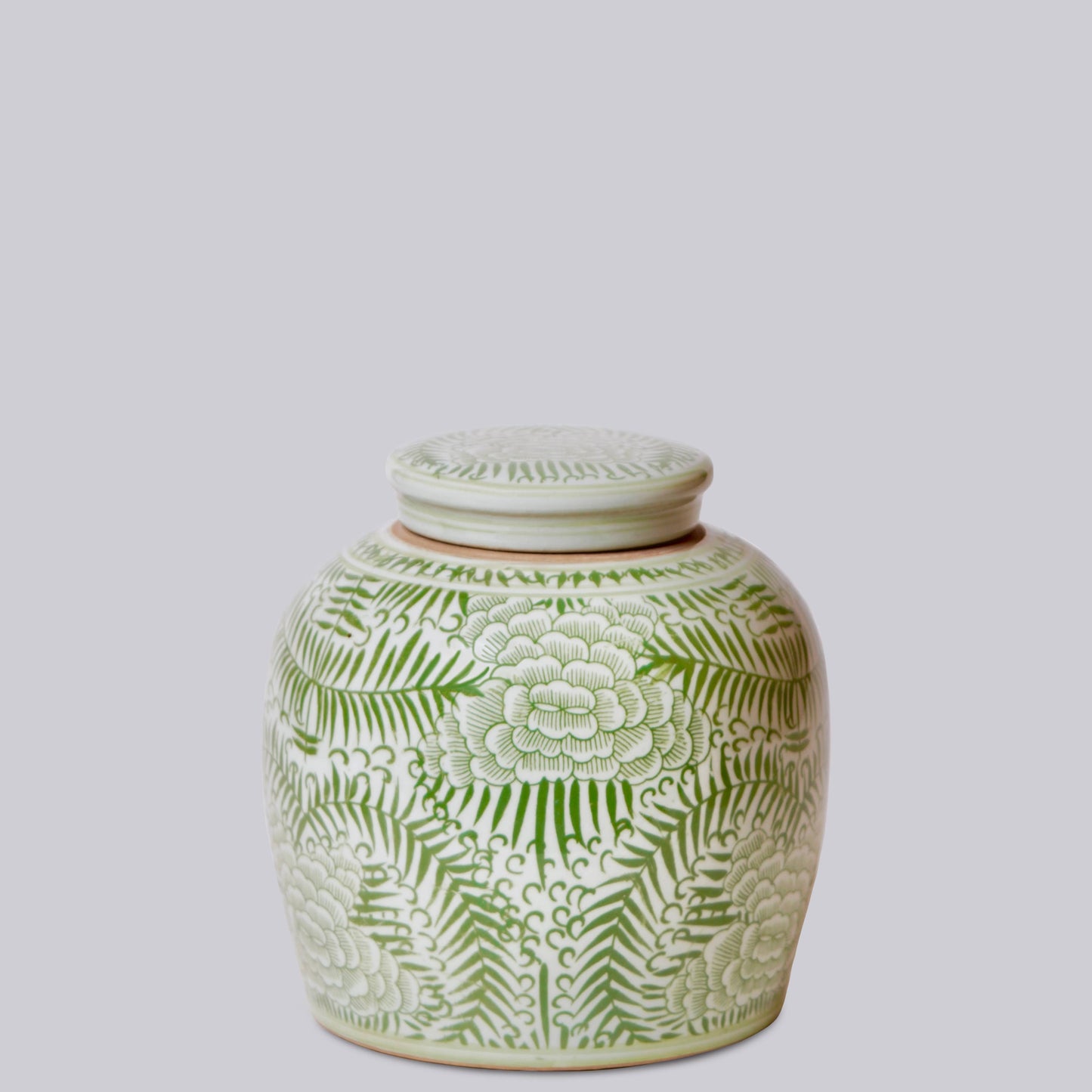 Rustic Peony Green and White Porcelain Jar