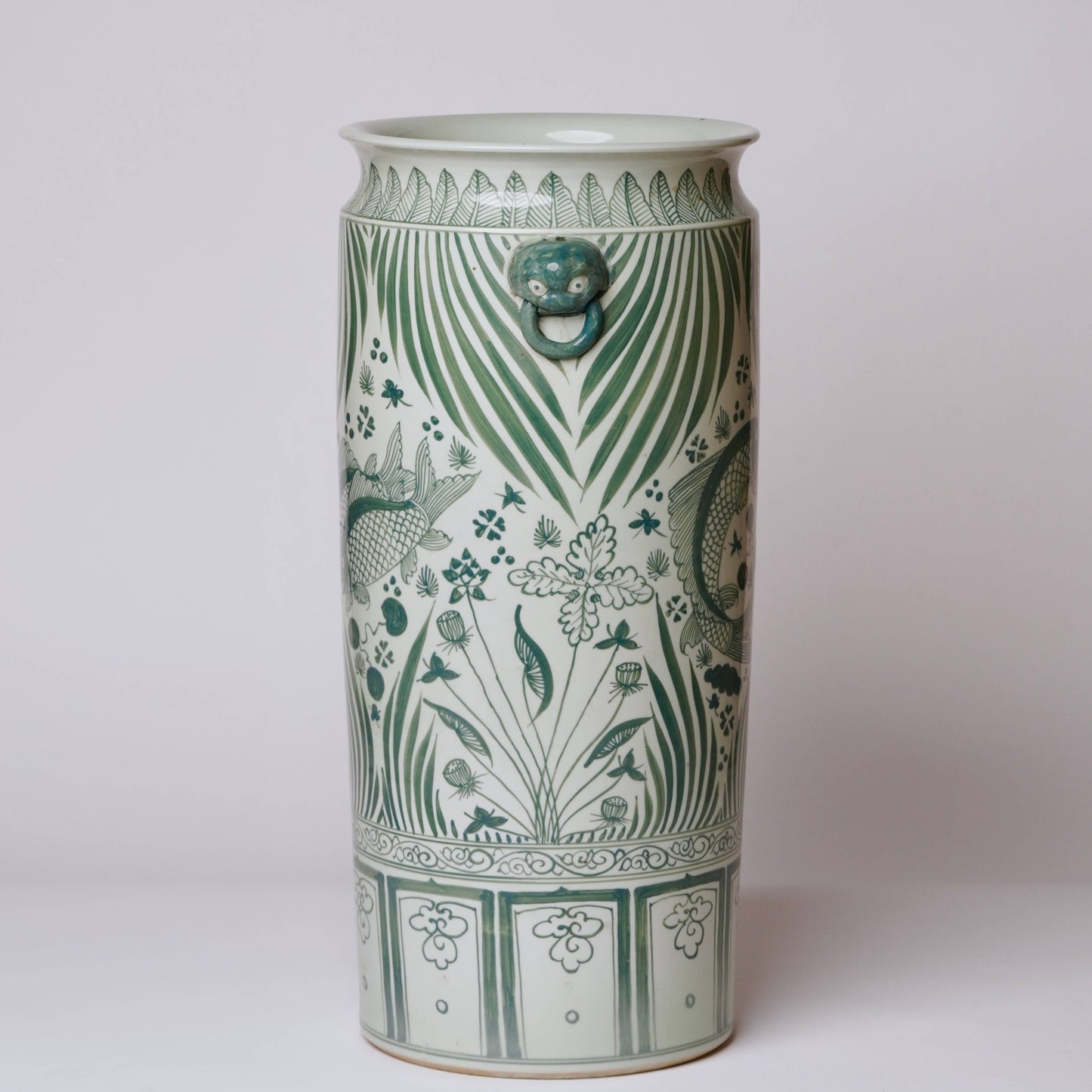 Tall Green and White River Fish Porcelain Umbrella Stand