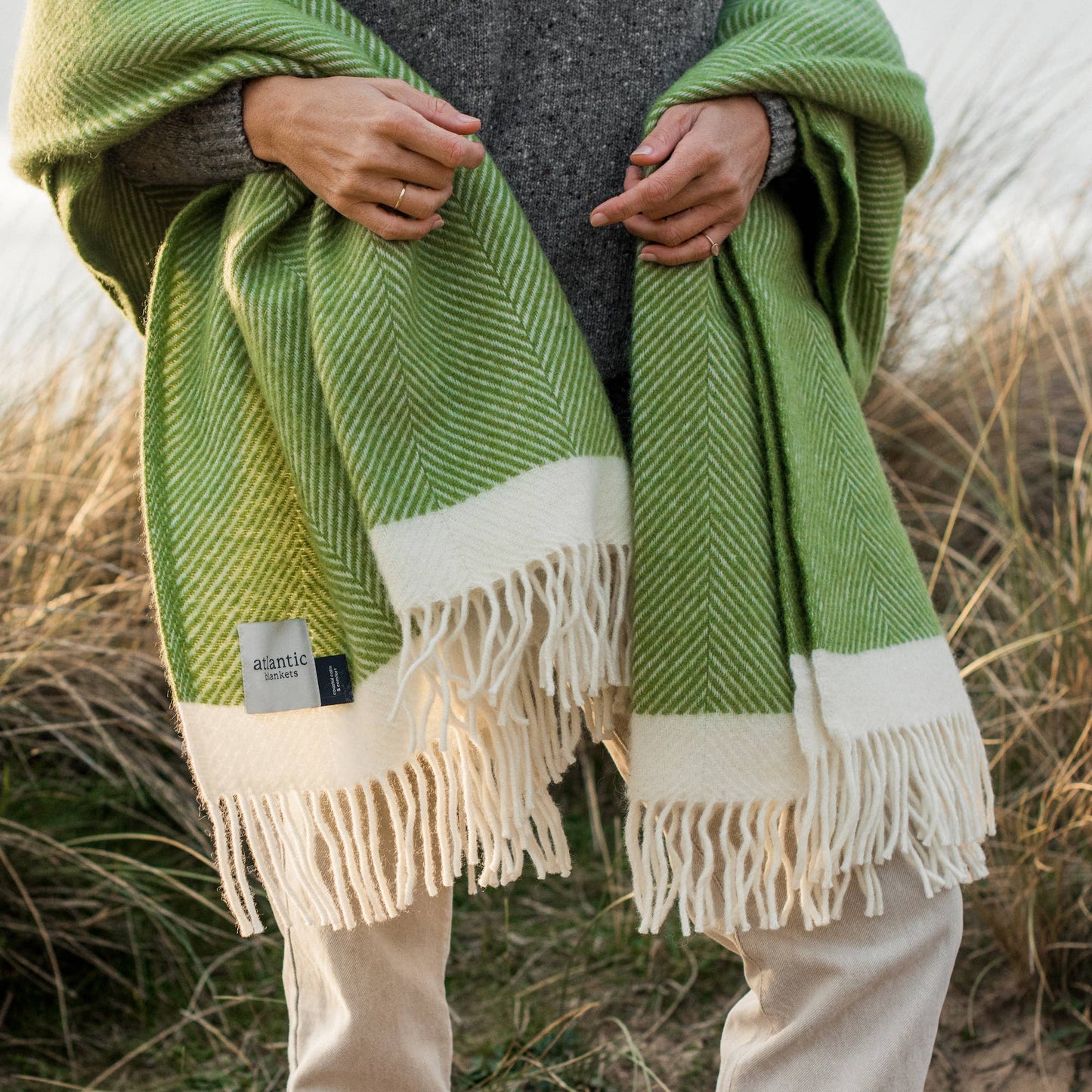 Kelp Green Herringbone Wool Blanket: Large 130 x 200cm