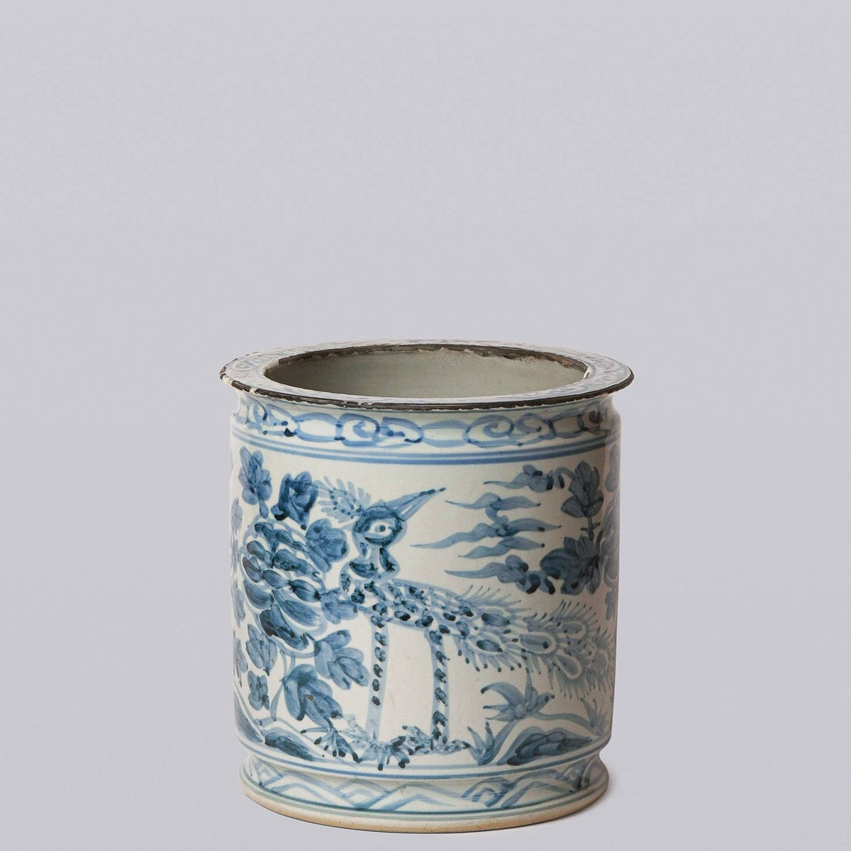 Rustic Peacock Blue and White Porcelain Cachepot