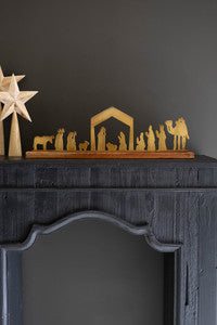 Antique Brass Table Top Nativity with Wood Bas