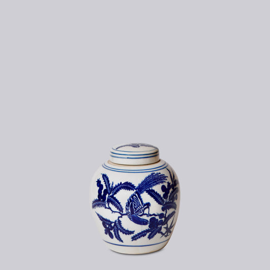 Blue and White Porcelain Bird and Flower Round Jar