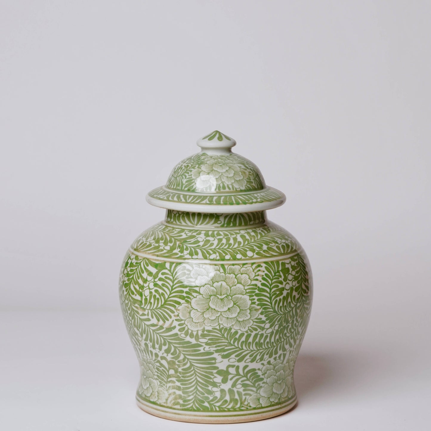 Medium Green and White Porcelain Country Peony Temple Jar