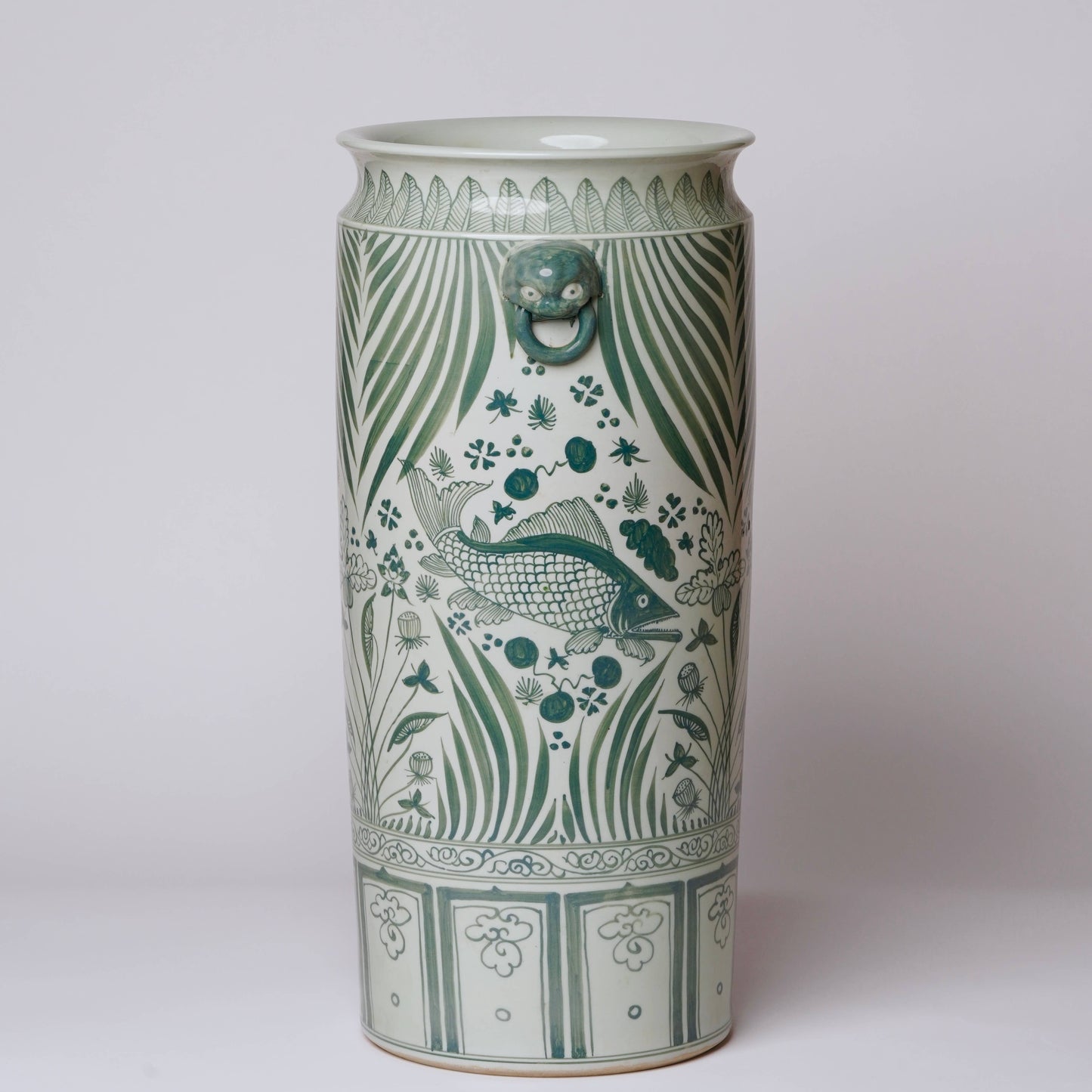Tall Green and White River Fish Porcelain Umbrella Stand