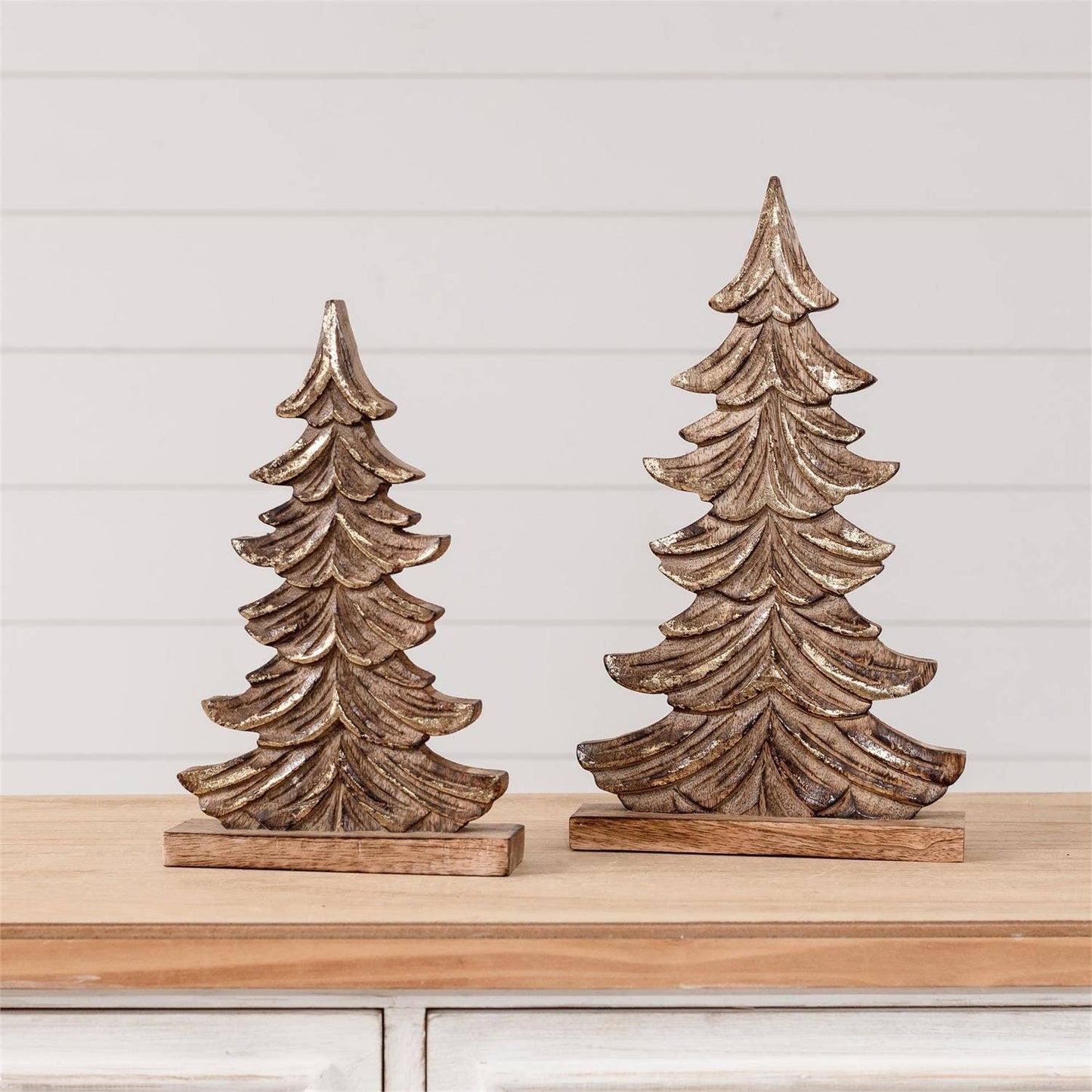 Sculpted Gold Brushed Mango Wood Christmas Trees (Set Of 2)