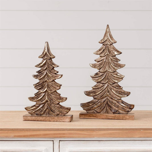 Sculpted Gold Brushed Mango Wood Christmas Trees (Set Of 2)