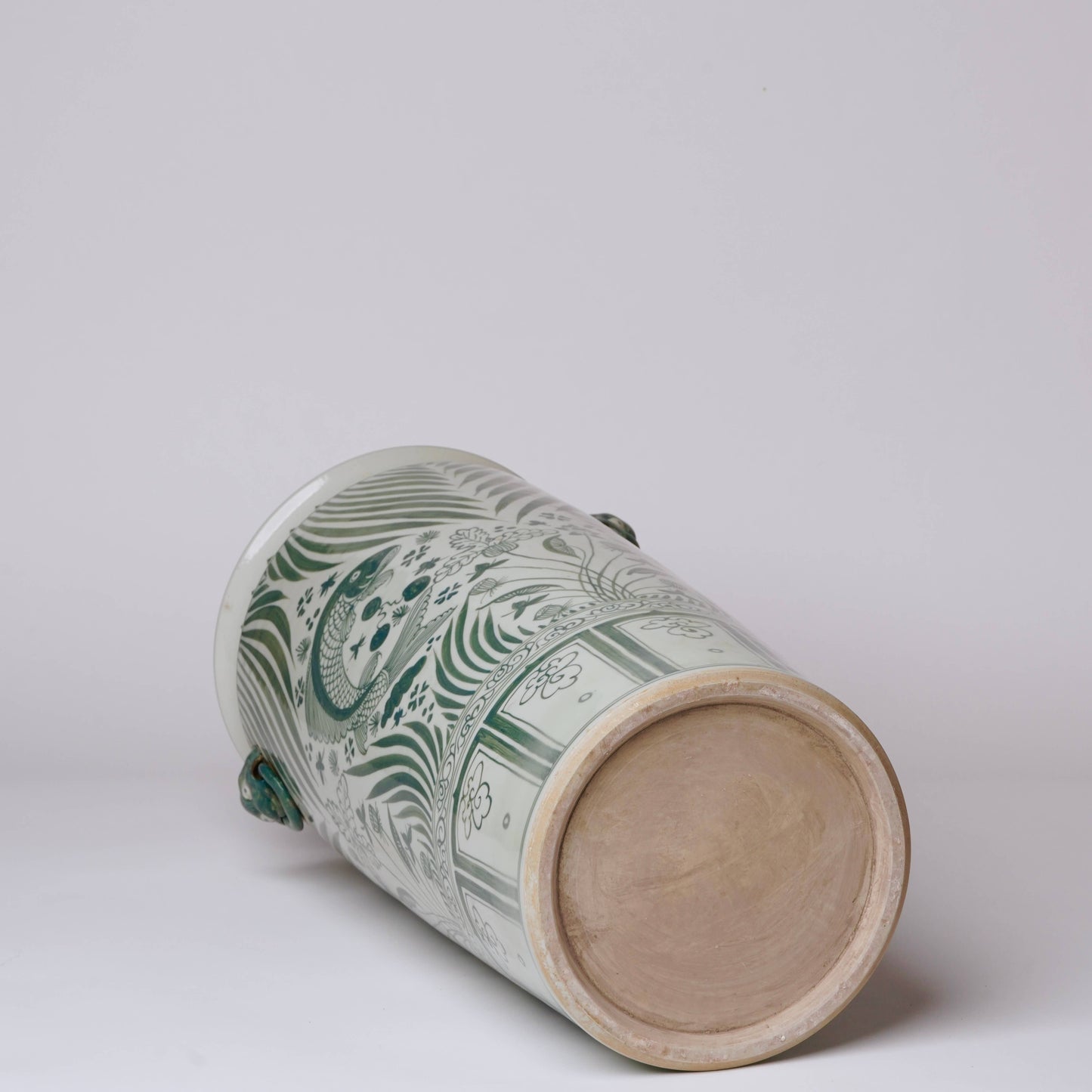 Tall Green and White River Fish Porcelain Umbrella Stand