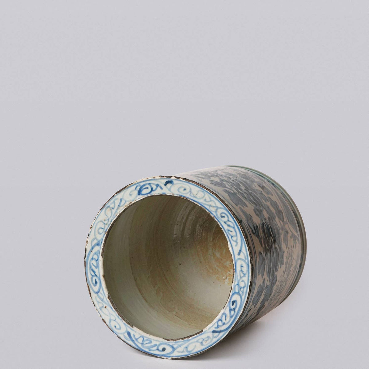 Rustic Peacock Blue and White Porcelain Cachepot