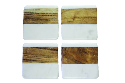White Marble & Wood Square Coasters - Set of 4