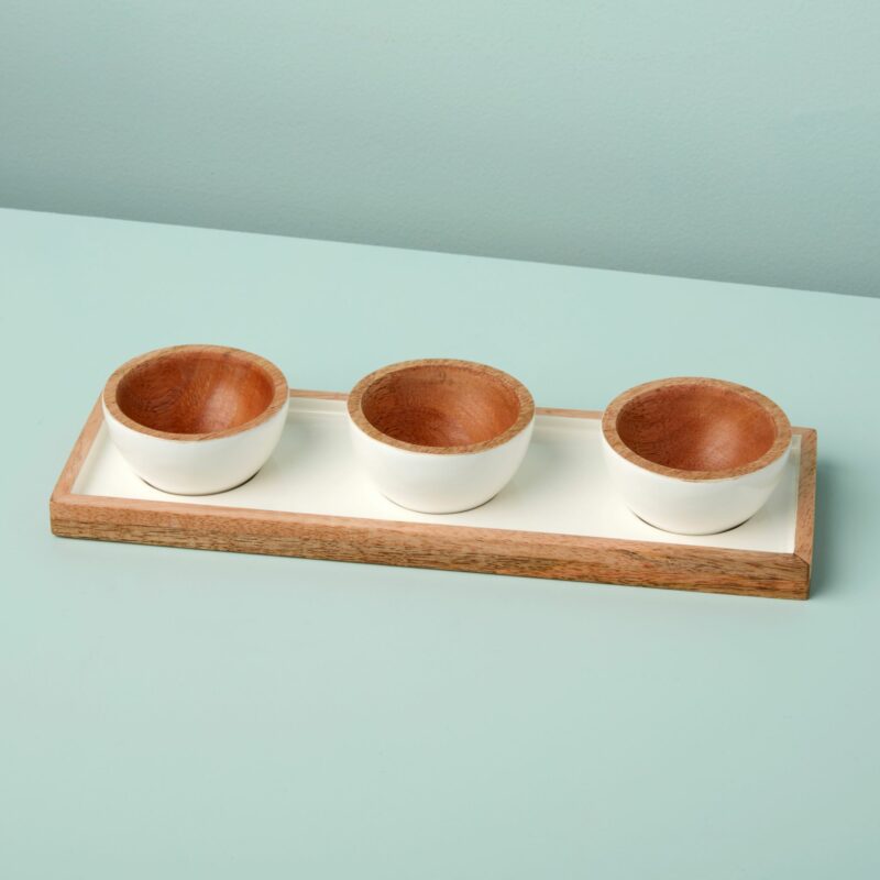 Mango Wood & White Enamel Dipping Bowl Set