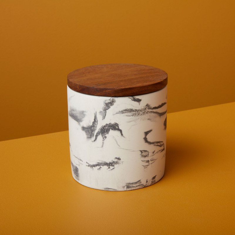 Marbled Cement Container w/ Wood Lid, Black