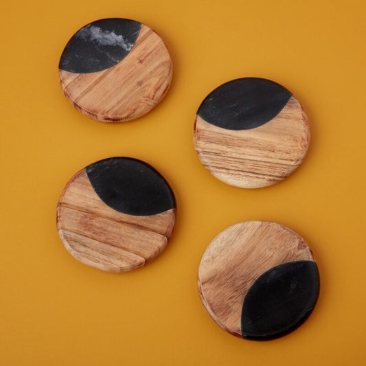 Marine Black Marble & Acacia Coasters Set of 4