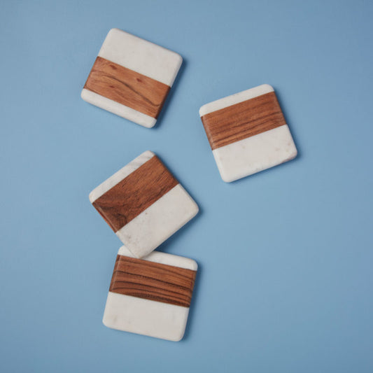 White Marble & Wood Coasters, Set of 4