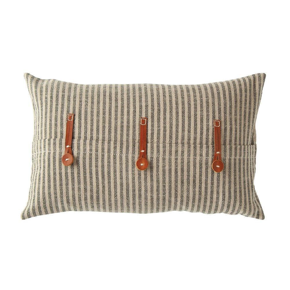 Cotton Ticking Striped Pillow w/ Leather Trim