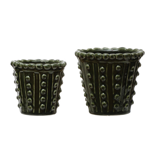 Stoneware Hobnail Planter - Green